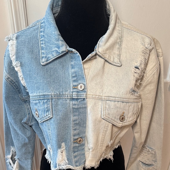 SHEIN Blue Two Tone Distressed Denim Jacket Women’s Size L - Picture 2 of 14